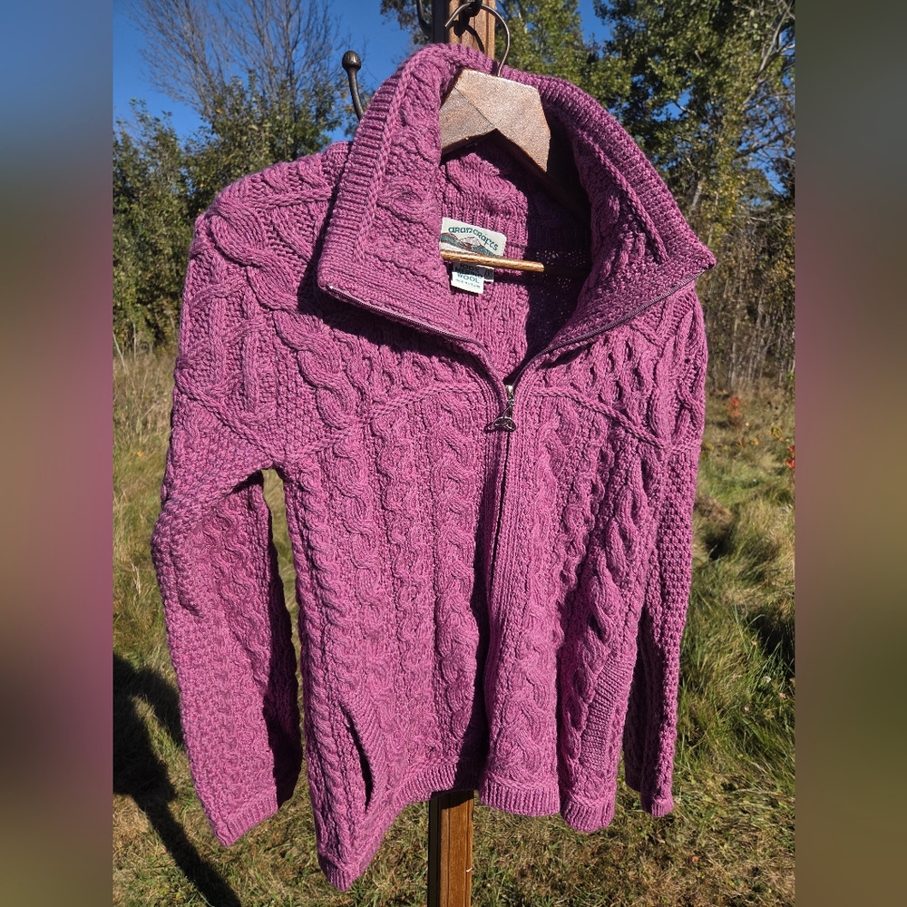 Aran Knit Purple Irish Cardigan Sweater